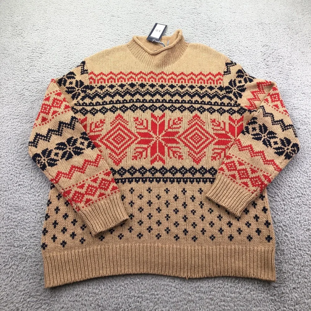 Vineyard Vines Sweater Mens Large Beige Fair Isle Snowflake Roll Neck Knit